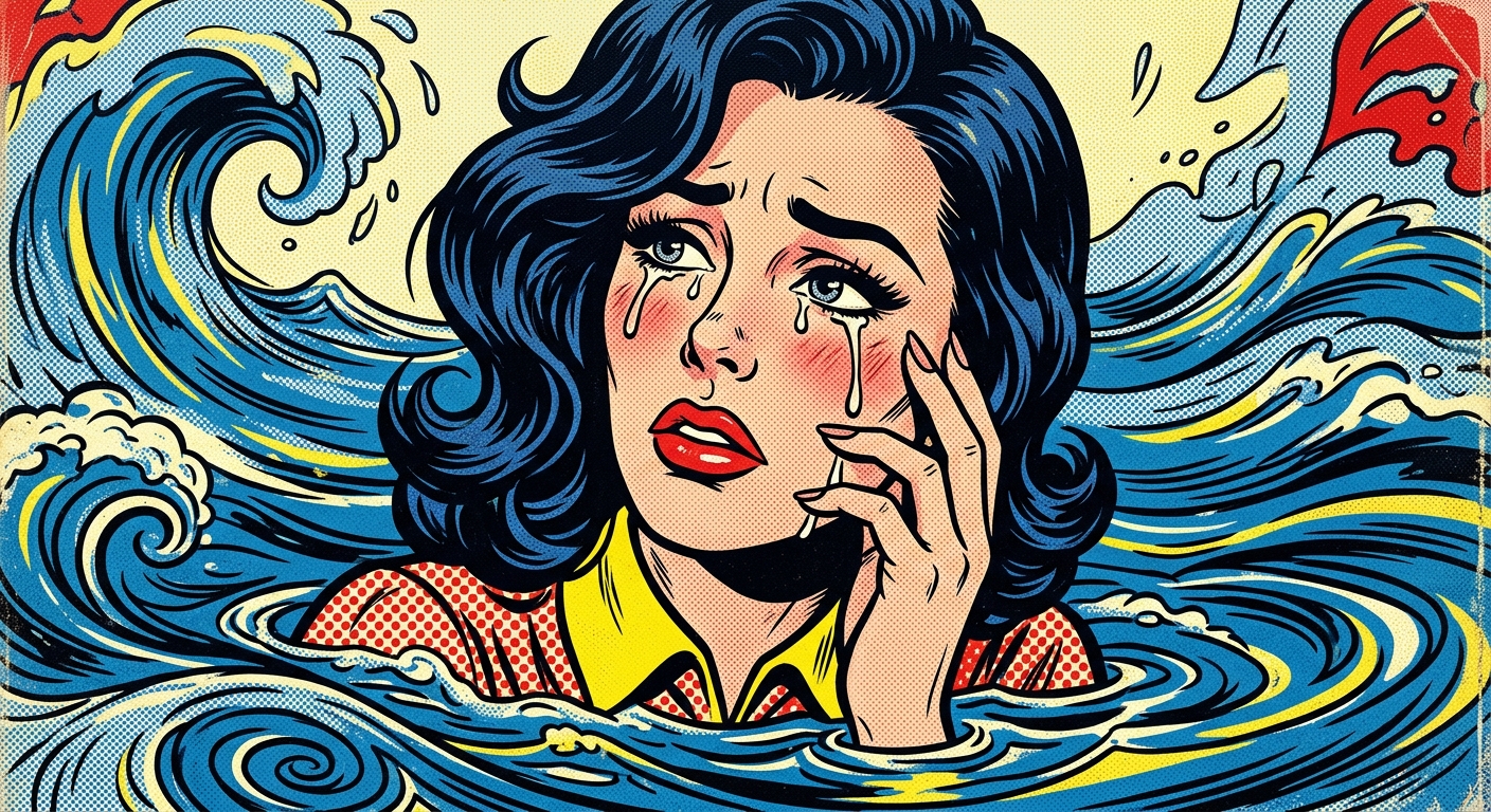 Scène dramatique style pop art avec couleurs bold et points Ben-Day