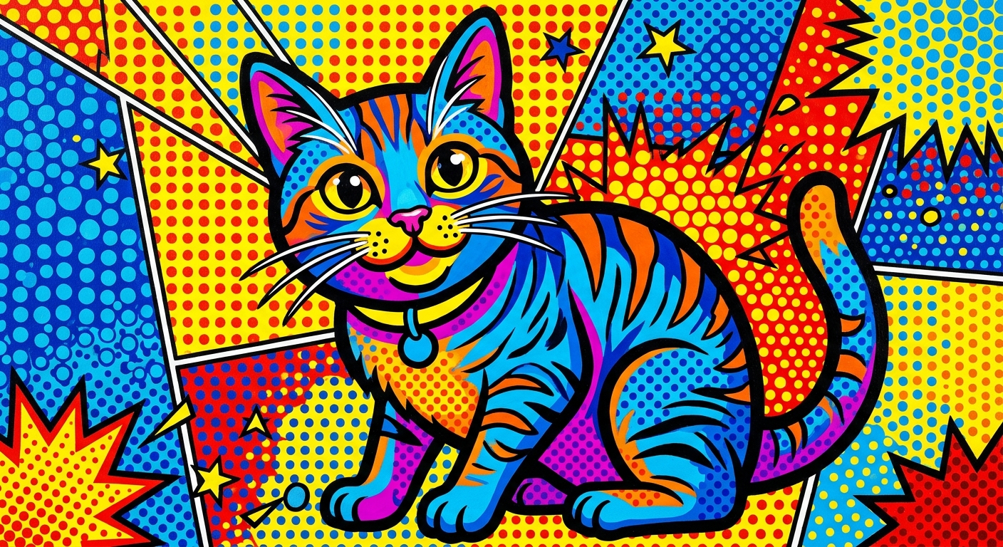 Tableau pop art chat aux couleurs vives avec contours noirs et fond à motifs